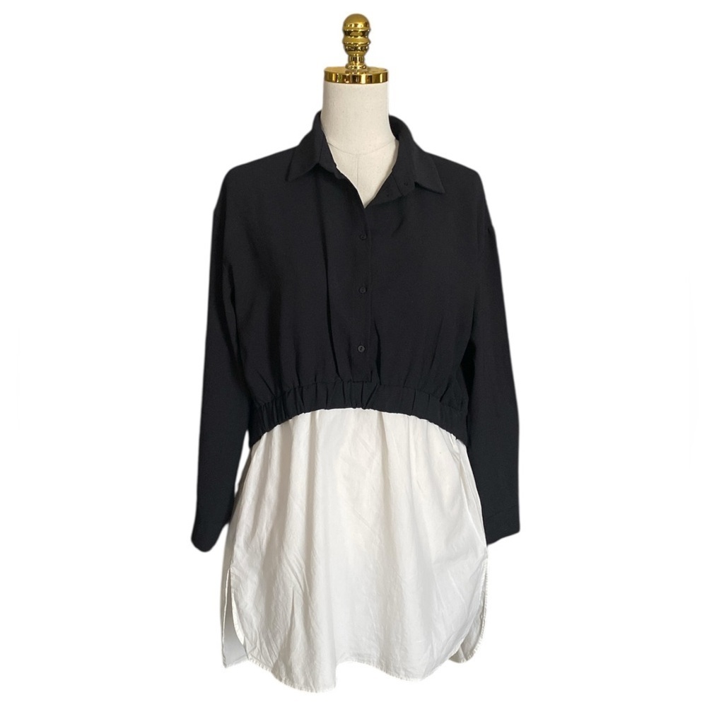 Zara Black Contrasting White Layered 1/2 Button Down Oversized Shirt Size S